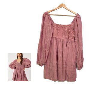Pink Lily Mauve Long Sleeve Smocked Mini Dress Small Babydoll Milkmaid Boho